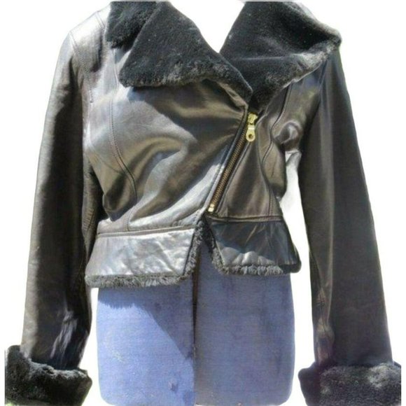 Andrew Marc NY Black Zippered Leather Jacket with Faux Fur Trim S/P JHE57 - Picture 4 of 12